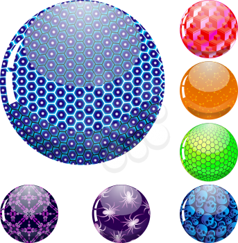 glossy colorful abstract globes with different inner spherical patterns, abstract vector art illustration; image contains transparency