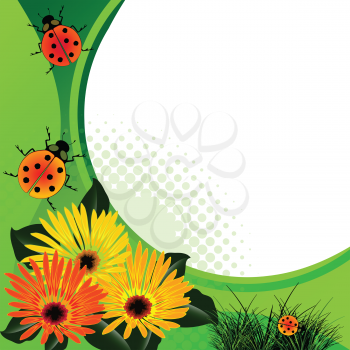 ladybugs over abstract floral background, vector art illustration