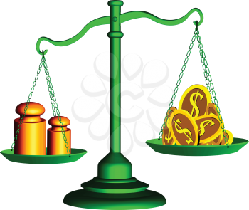 green scale of justice with money and weights over white background, abstract vector art illustration