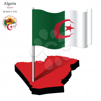 algeria wavy flag over map against white background, abstract vector art illustration, image contains transparency