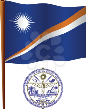 marshall islands wavy flag and coat of arm against white background, vector art illustration, image contains transparency