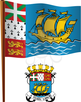 saint pierre and miquelon wavy flag and coat of arm against white background, vector art illustration, image contains transparency