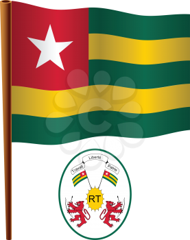 togo wavy flag and coat of arm against white background, vector art illustration, image contains transparency