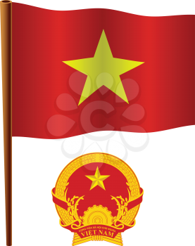 vietnam wavy flag and coat of arm against white background, vector art illustration, image contains transparency
