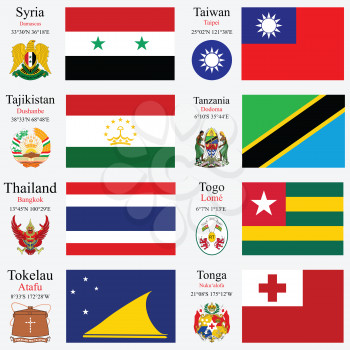 world flags of Syria, Taiwan, Tajikistan, Tanzania, Thailand, Togo, Tokelau and Tonga, with capitals, geographic coordinates and coat of arms, vector art illustration