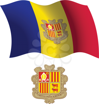 andorra wavy flag and coat of arms against white background, vector art illustration, image contains transparency
