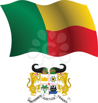 benin wavy flag and coat of arms against white background, vector art illustration, image contains transparency