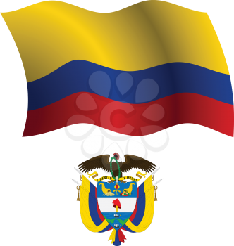 colombia wavy flag and coat of arms against white background, vector art illustration, image contains transparency