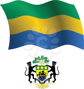 gabonese republic wavy flag and coat of arms against white background, vector art illustration, image contains transparency