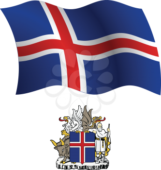iceland wavy flag and coat of arms against white background, vector art illustration, image contains transparency
