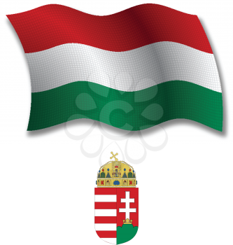 hungary shadowed textured wavy flag and coat of arms against white background, vector art illustration, image contains transparency transparency