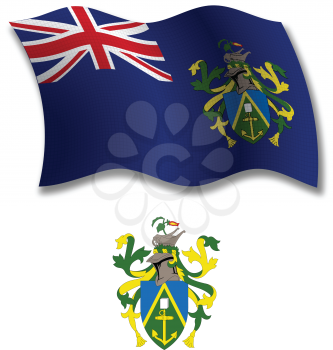 pitcairn islands shadowed textured wavy flag and coat of arms against white background, vector art illustration, image contains transparency transparency