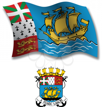 saint pierre and miquelon shadowed textured wavy flag and coat of arms against white background, vector art illustration, image contains transparency transparency