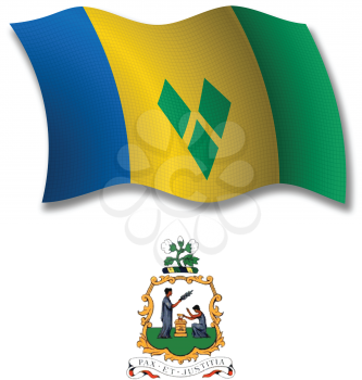 saint vincent and the grenadines shadowed textured wavy flag and coat of arms against white background, vector art illustration, image contains transparency transparency