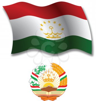 tajikistan shadowed textured wavy flag and coat of arms against white background, vector art illustration, image contains transparency transparency