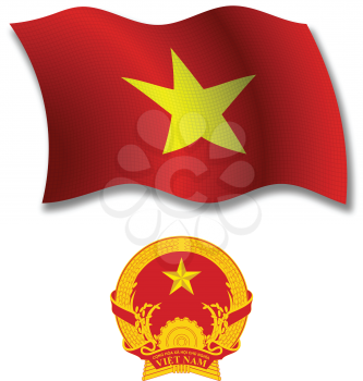 vietnam shadowed textured wavy flag and coat of arms against white background, vector art illustration, image contains transparency transparency