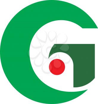 Royalty Free Clipart Image of a Green G With a Red Dot