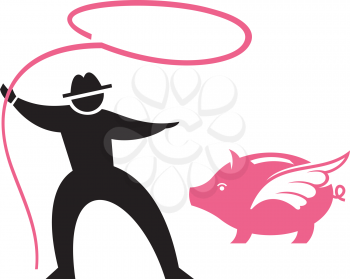 Royalty Free Clipart Image of a Silhouette Roping a Flying Pig