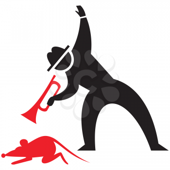 Royalty Free Clipart Image of a Man Blowing a Horn at a Rat