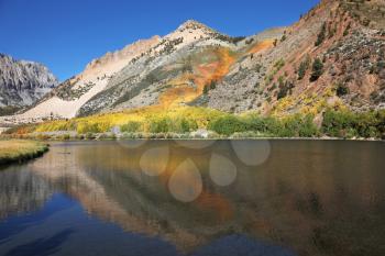 Grandiose multi-colour autumn on Northern lake. The USA