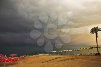 Palm trees and beach canopies on a beach of the Dead Sea in a thunder-storm