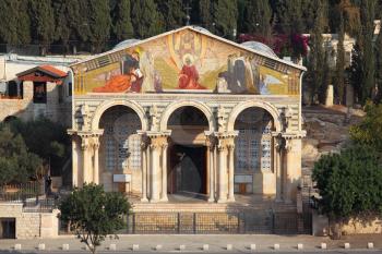 Mount of Olives in Jerusalem. The Church of all peoples, and centuries-old cypress road

