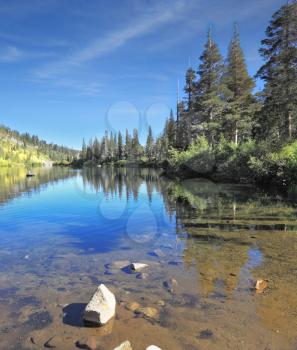 A lovely shallow lake in the mountains of California. In the smooth water surface reflects coniferous forests
