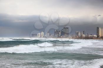 Gorgeous stormy day. The huge foaming waves rolled on Tel Aviv's promenade