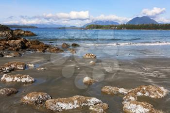 Vancouver Island. On the Pacific beach begins reflux, open the stones and sand