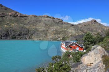 National Park Chile - Torres del Paine. Island Lake Pehoe and comfortable hotel 
