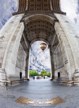 Effective and unexpected foreshortening Triumphal Arch in Paris. The photo is made the lens Fisheye