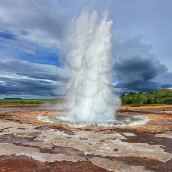 Iceland in the summer. Gushing geyser Strokkur. High column of hot water and steam from the crater of the geyser