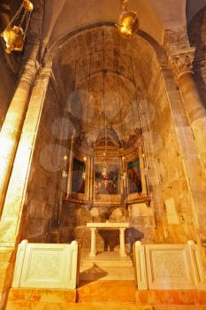 Jerusalem - September 3: Hall of the Holy Sepulchre in September 3, 2012 in Jerusalem. The  decorated the side chapel in the Cathedral of the Holy Sepulchre. Hall is made entirely of marble. Also marb