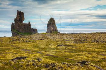 Bizarre rocks on a lonely beach. Nordic fjords in Iceland