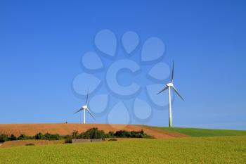 Modern windmills on windless day. Green field and blue sky