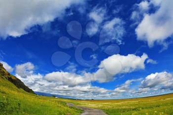 Warm summer days in Iceland. The path of green meadows. High sky and cumulus clouds light