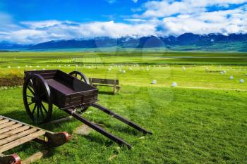 The reconstituted village -  Museum Vikings in Iceland. Old wooden sledge and two-wheeled cart on the lawn