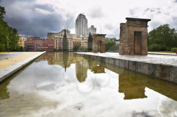 The ancient Egyptian temple Debod established at top of a hill in the center of Madrid