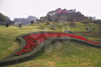 Magnificent bright red flower bed in the Chinese park of entertainments