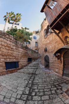 Narrow street in Old Yaffo. Clear serene day in the end of December