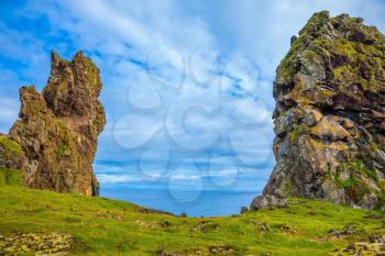 Gorgeous Iceland. North sea coast. Fantastic ancient rocks covered with green and yellow moss
