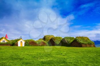 Backyard rural houses. The reconstituted village - Pioneer Museum - Viking. The village first settlers in Iceland