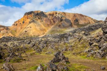 Summer trip to Iceland. Valleys and mountains with volcanic lava Lanmannalaugar National Park