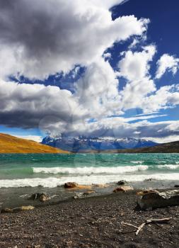 Stormy wind blows the clouds over the lake Laguna Azul. National Park Torres del Paine. Patagonia, Chile