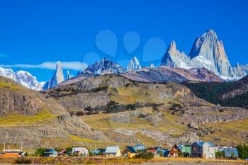 Incredible Patagonia. The town of El Chalten at the foot of fantastic rocks Fitz Roy