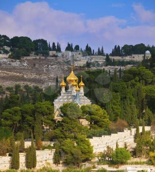 Mount of Olives in Jerusalem. Golden domes of the Church of St. Mary Magdalene