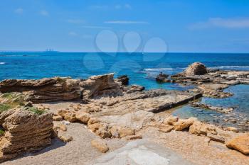  National Park Caesarea, Israel. The remains of ruined castle walls in Mediterranean sea