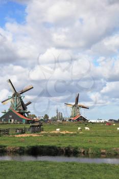 The village - an ethnographic museum in Holland. Three windmills on a green meadow, among deep channels