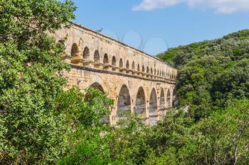 The famous aqueduct from Roman times Pont du Gard. Summer in Provence, sunny day