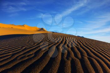 Sand dunes in Death Valley, USA. The contrast of light and shadow on the waves of sand in the morning at sunrise.